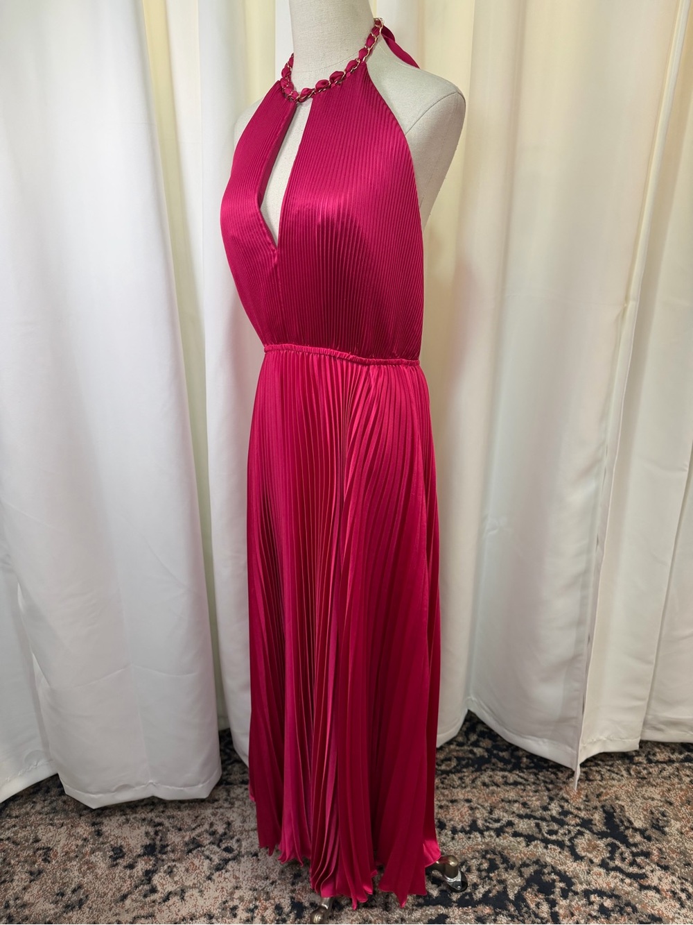 Milly ‘Kora’ Fuchsia Pink Accordion Pleated Satin Halterneck Maxi Dress Size 10 - Picture 6 of 16